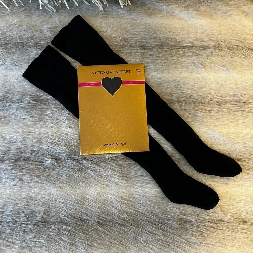 New VICTORIA’S SECRET Silky Sheer Thigh Highs for Garter Belt Jet Black Vintage